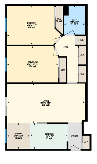 Floor plan for 2 beds, 1 bath, 1077 sqft